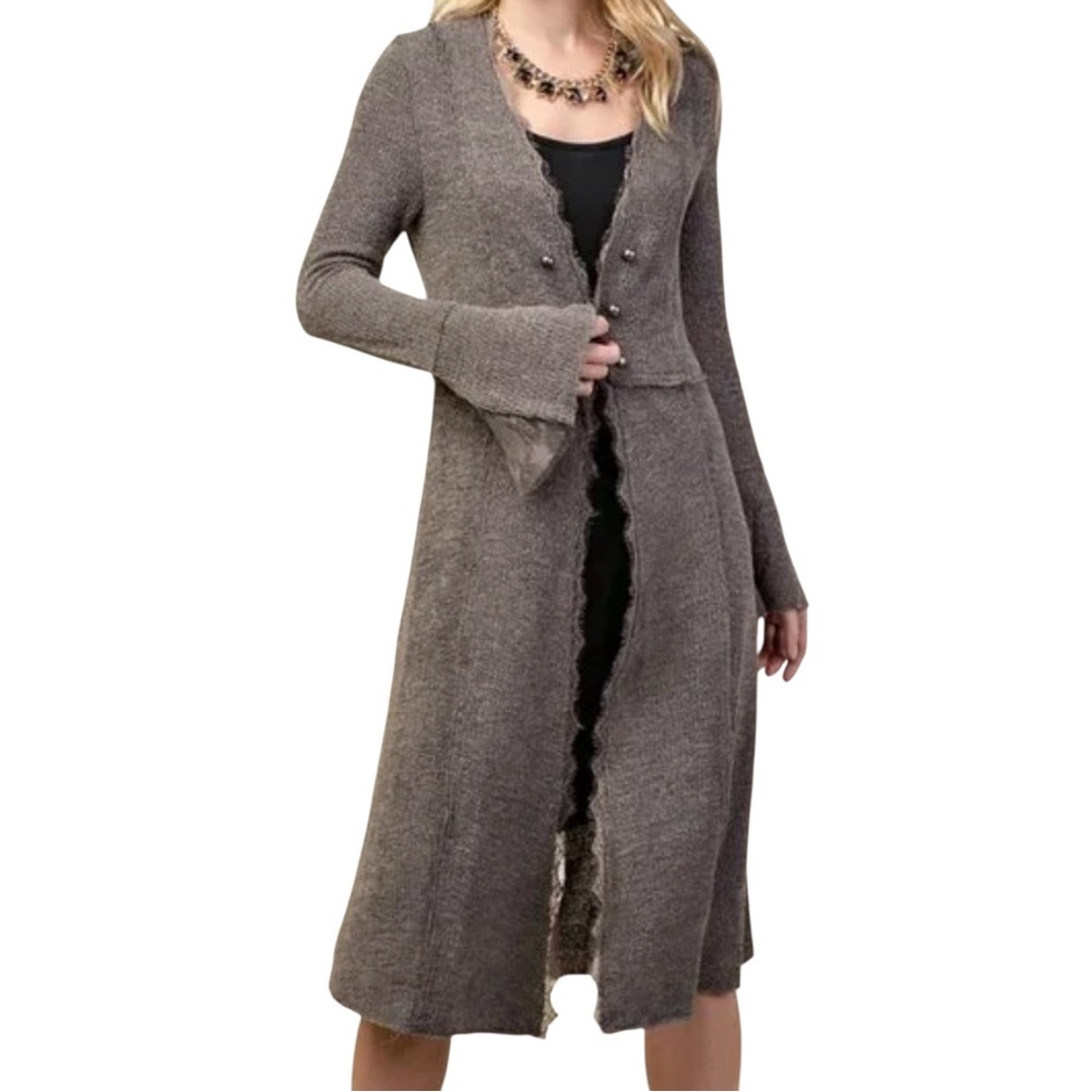 Vocal USA Grey Lightweight Knit Lace Trim Studded‎ Long Bell Sleeve Cardigan 3XL